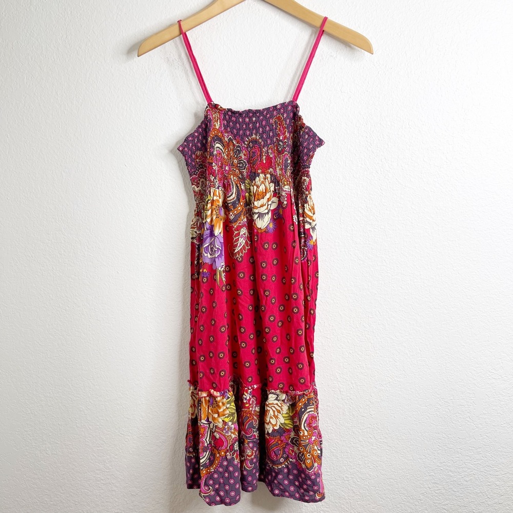 Vintage‎ XXI Pink Purple Floral Paisley Smocked Tiered Boho Sun Dress Medium